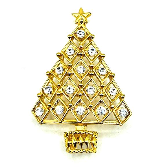 Vintage Eisenberg Ice Christmas Tree Brooch Clear Rhinestones Gold Tone Unsigned - Picture 1 of 6